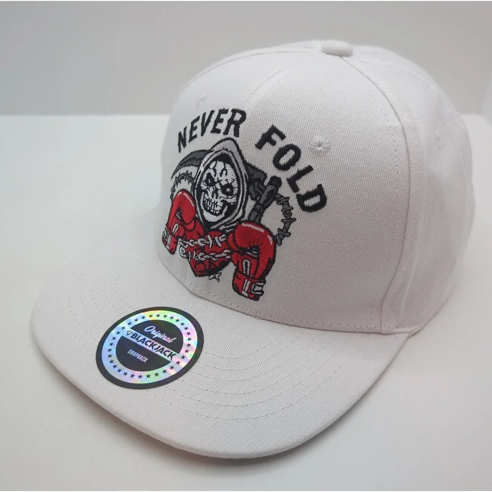 Blackjack Never Fold Grim Reaper Boxing Snapback Hat White Embroidered Cap